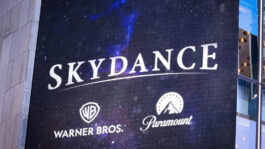 A billboard displaying the logos of Skydance, Warner Bros. and Paramount on the Paramount Global offices in New York A billboard displaying the logos of Skydance, Warner Bros. and Paramount on the Paramount Global offices in New York